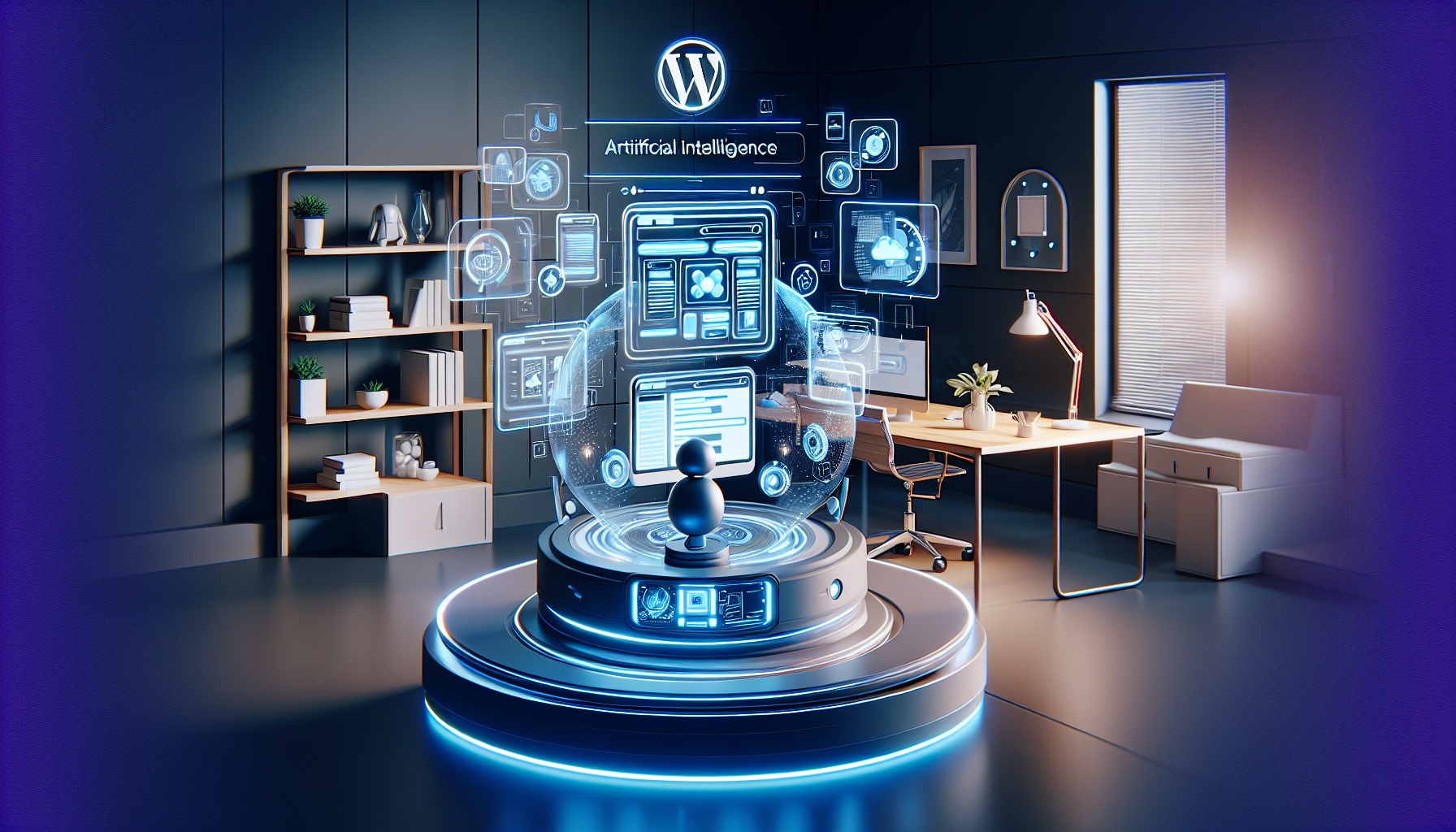 AI-powered WordPress website builder with holographic interfaces for design, content, and analytics.